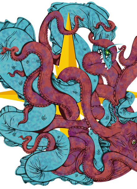 Serpent and Octopus tangled together fighting